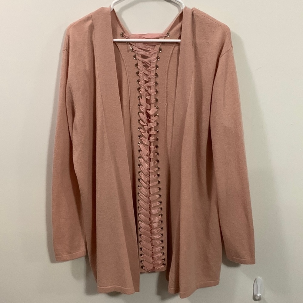 Gianni Bini long cardigan with laced up back. Dusty rose color, good condition